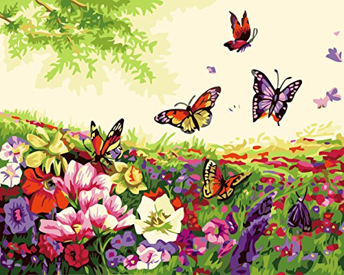 Fuumuui Lienzo de Bricolaje Regalo de Pintura al óleo para Adultos niños Pintura por número Kits Decoraciones para el hogar-Mariposa y Flores 16 * 20 Pulgadas