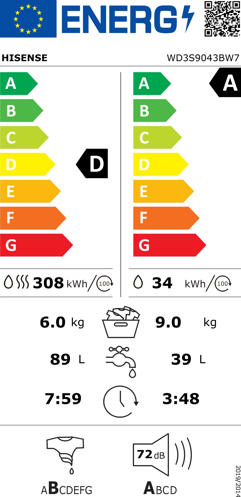 Hisense WD3S9043BW7 - Lavadora secadora (9 + 6 kg, 1400 Rpm, 15 programas automáticos, vapor, motor inverter, clase energética A-30%/D, pantalla LED, gris, WiFi