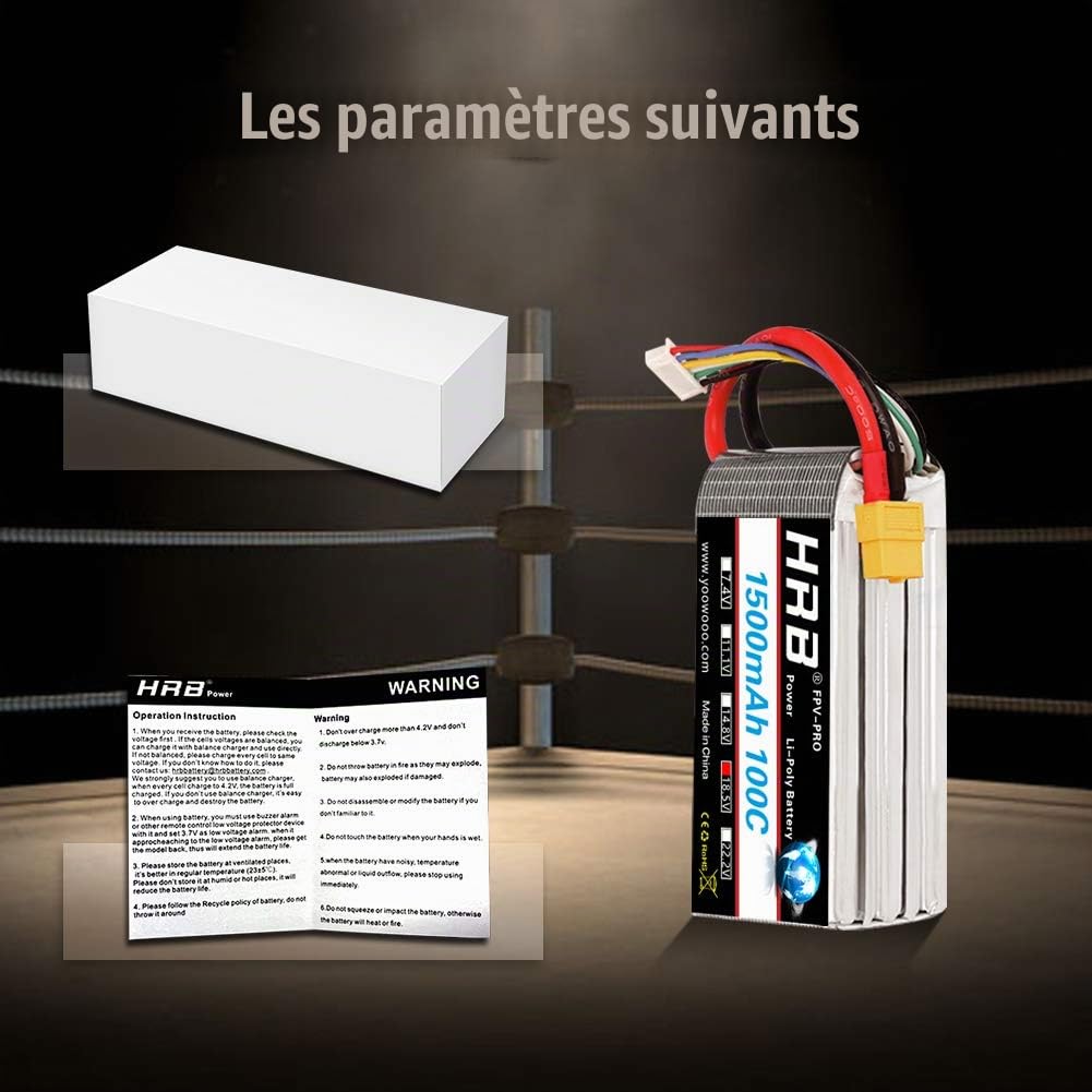 HRB Lot de 2 batteries Lipo 5S 18,5 V 1500 mAh 100 C avec prise XT60 pour hélicoptère RC avion, voiture, bateau, camion