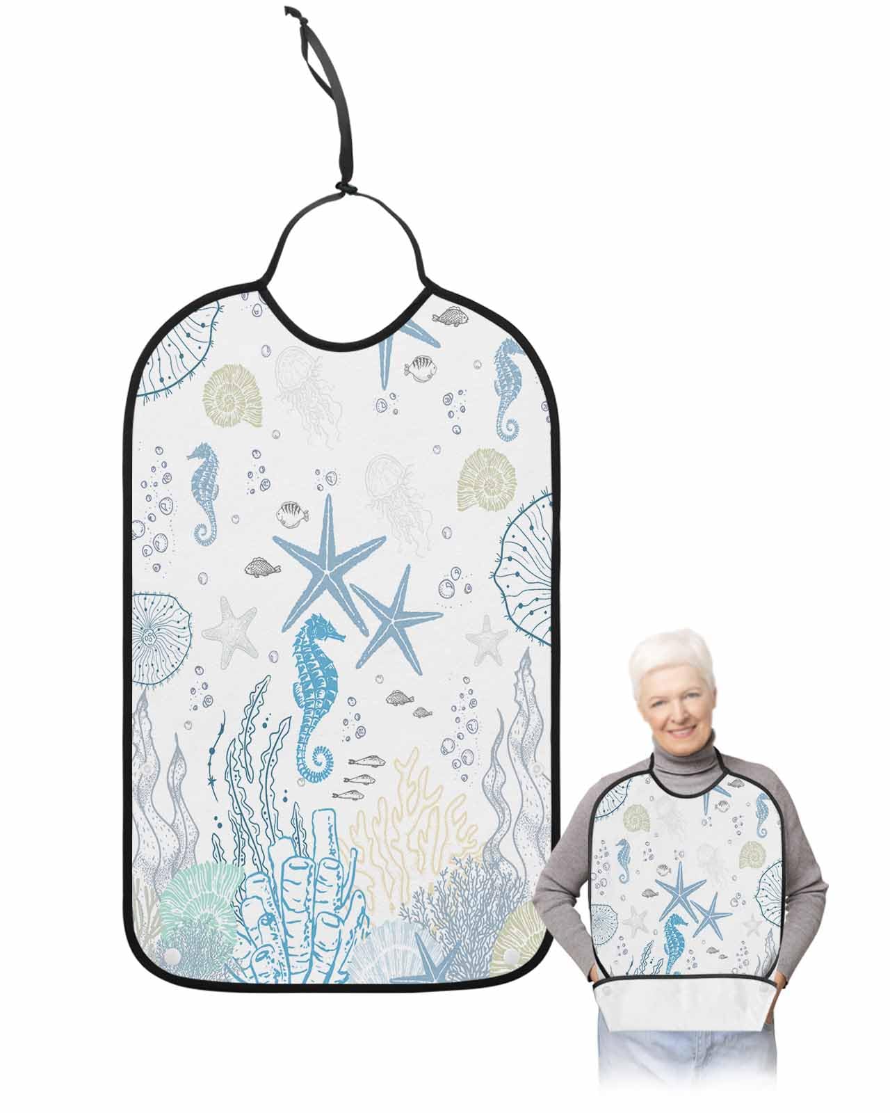 LEOKOTI Blue Coastal Adult Bibs for Eating, Waterproof Bibs with Food Catcher & Adjustable Snap Closure, Nautical Summer Beach Starfish Coral Washable Clothing Protectors Adult Bibs for Elderly