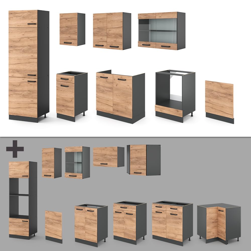 Vicco Cucina componibile R-Line, Rovere dorato/antracite, 300 cm | senza piano di lavoro, adatto per l'espansione personalizzata tramite moduli aggiuntivi