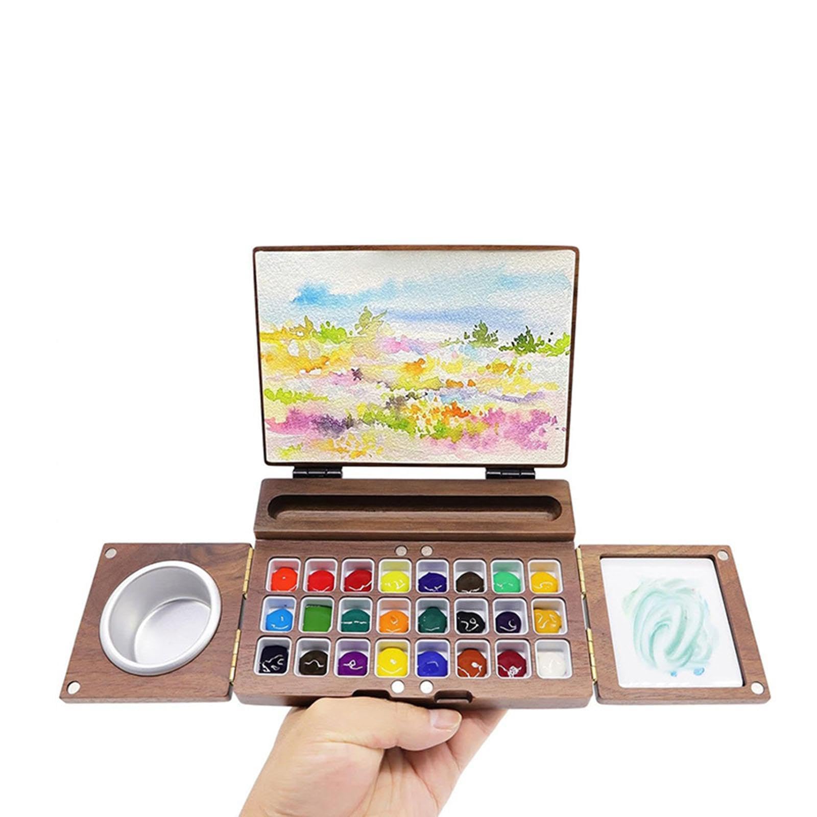 Perfeclan Caja de Pintura de Acuarela, Paleta de Pintura de Viaje Plegable para Pintar y Hacer Manualidades con área de Mezcla, Bandeja de Pintura de Madera,