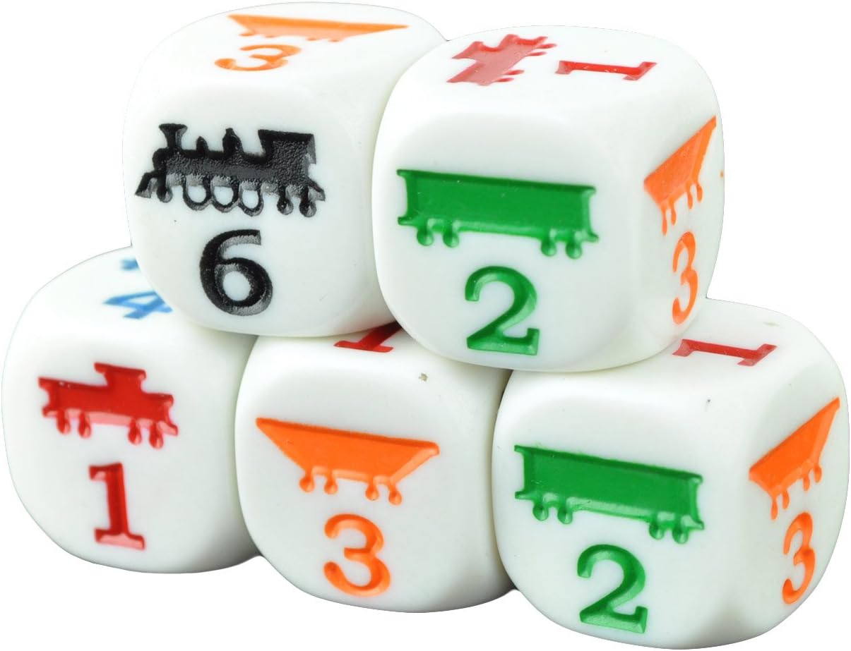 Set of 5 Train White Dice Round Corner Opaque 19mm Colored Spots in Snow Organza Bag