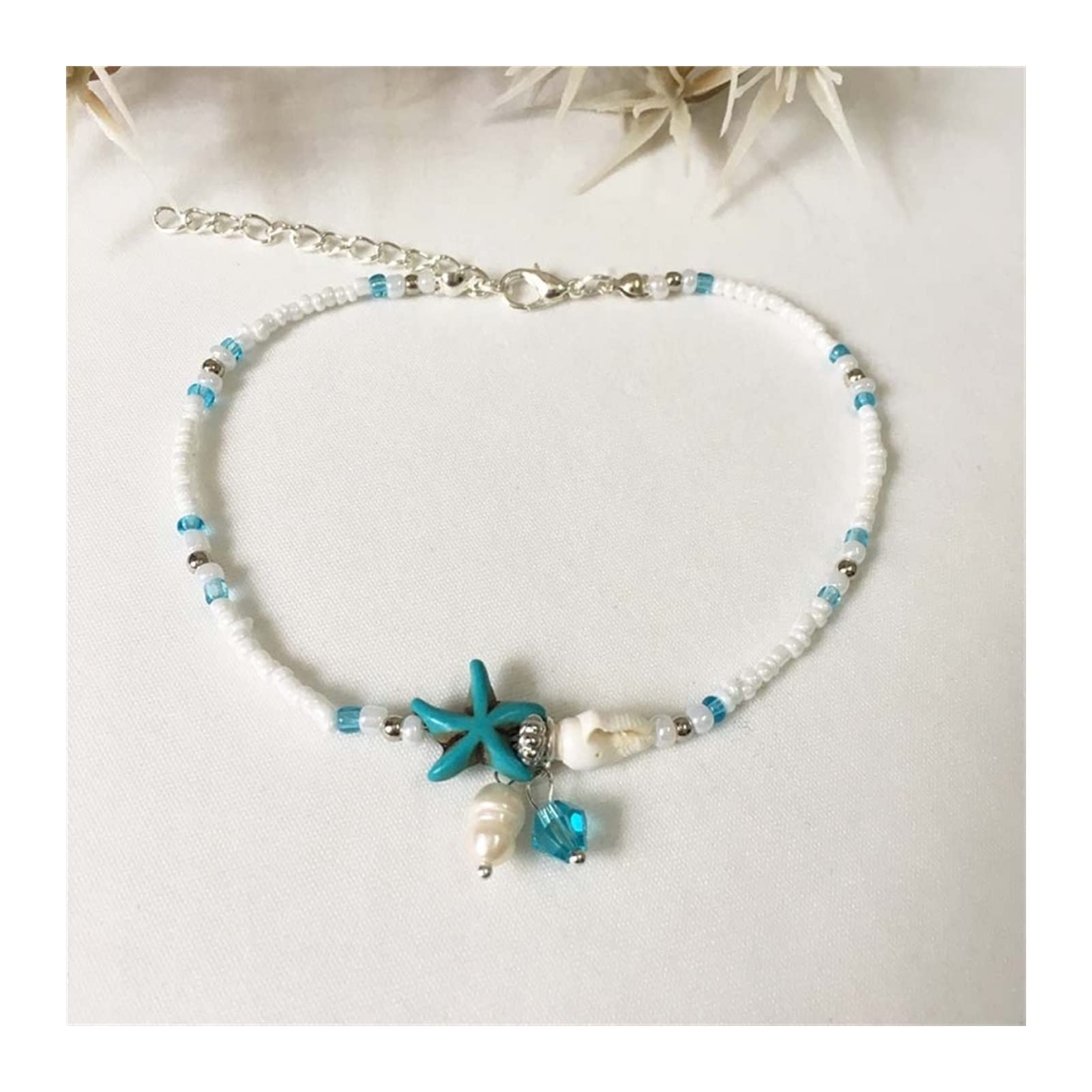 Fußkettchen/Fußkettchen Einfache Reisperlen-Seestern-Fußkettchen Strand-Yoga-Armband Fußdekoration Schönes Trend-Fußkettchen (ca. 25 cm) Fußkettchen (Farbe: Blau)