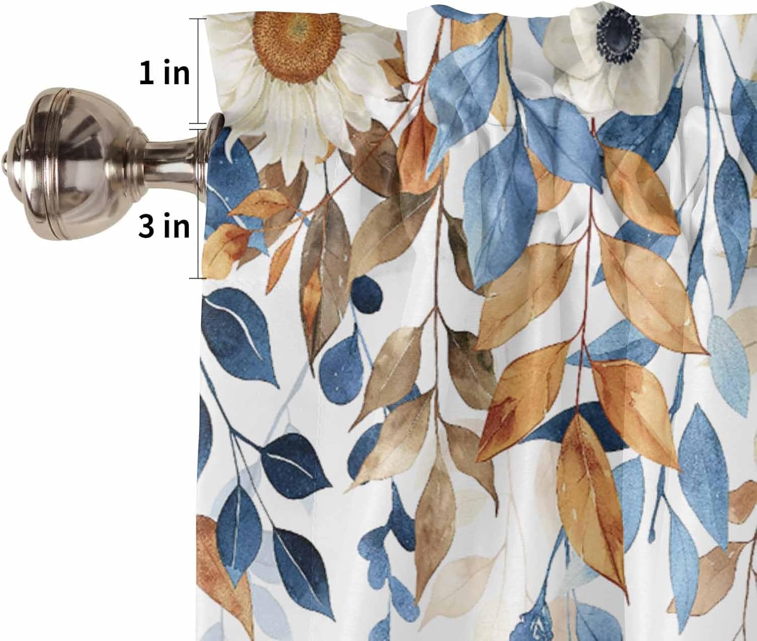 Fall Eucalyptus Leaves Valance Curtains for Kitchen Window Above Sink 54x18 Inch,Blue and Burnt Orange Leaves Rod Pocket Short Curtain for Living Room Sunflower Valances for Windows/Bathroom/Bedroom