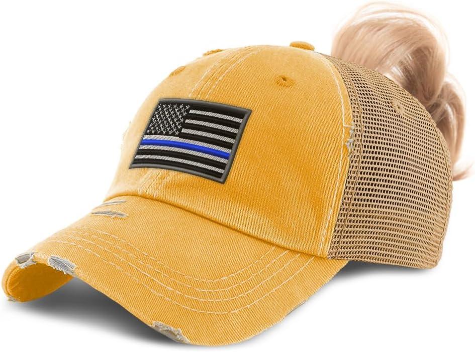 Speedy Pros Ponytail Cap Women's Baseball Cap Embroidered American Flag Thin Blue Line Embroidery Cotton