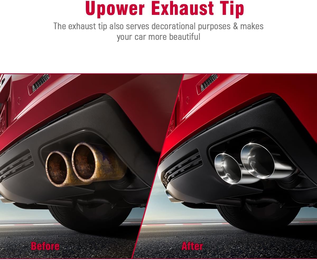 Upower Pack of 2 Dual Exhaust Tip Tailpipe 2.5 Inch Inlet 3.5" outlet 9.5" Length Polished Stainless Exhaust Tip for Car Truck (Double Wall Weld-On Angle Cut Design)