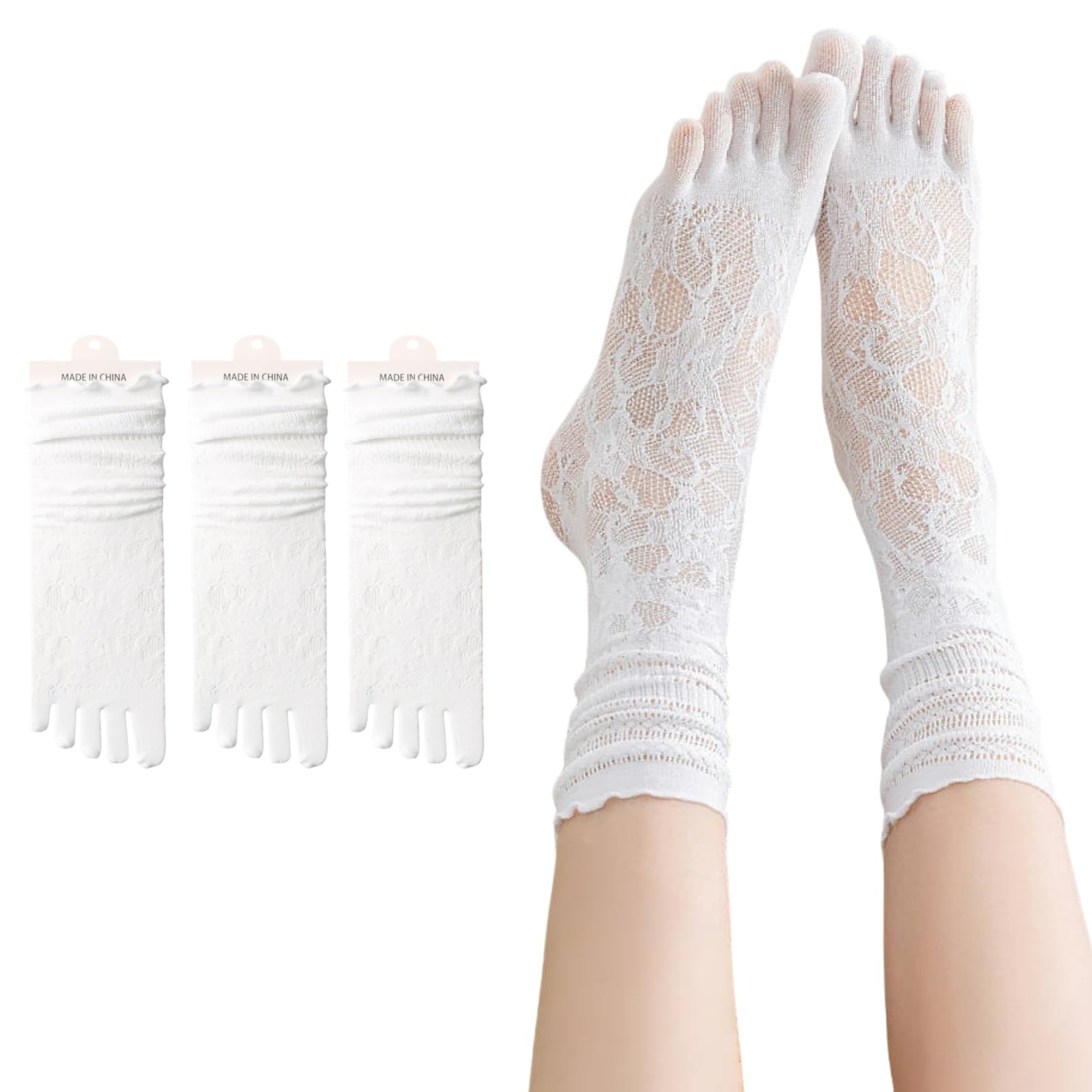 Duoyijin Women's White Toe Socks 3 Pairs Five Finger Calf Socks Hollow Out Breathable Cute Casual Lace Ruffle Frilly Separator Sock For (White)