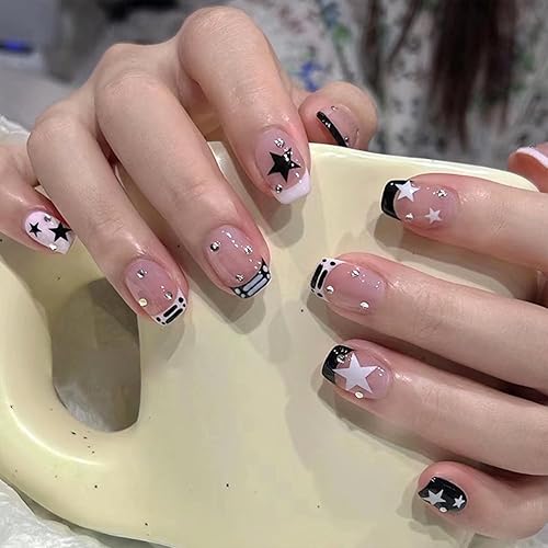 Miniatura 2 de Uñas postizas a presión con punta francesa, uñas postizas cuadradas cortas con diamantes de imitación de estrellas blancas y negras, uñas postizas