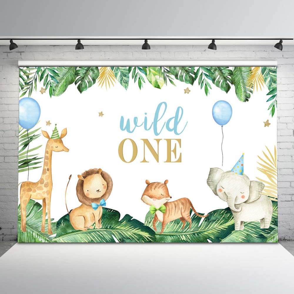 Mocsicka 8x6ft Boy Wild One Backdrop Safari First Birthday Party Photo Background Vinyl Blue Balloons Safari Animals Wild One Birthday Backdrops (8x6)