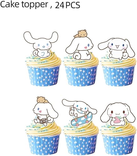 Miniatura 2 de Cinnamoroll - 24 adornos para tartas, decoración de cupcakes, suministros de fiesta de cumpleaños de Cinnamoroll (5)