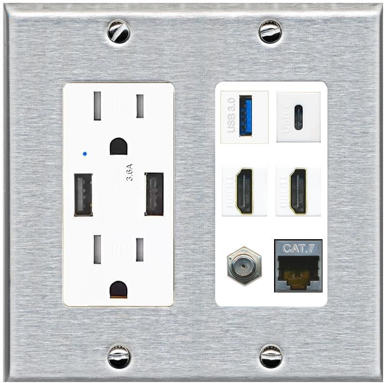 RiteAV USB 3 USB C 2 HDMI Coax Cat7 Wall Plate - USB Charger Outlet [Black/Black]
