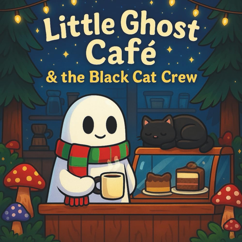 Little Ghost Café & the Black Cat Crew: Spooky yet cozy coloring book featuring ghost cafés, black cat companions, and bold outlines — perfect Halloween relaxation for kids & adults