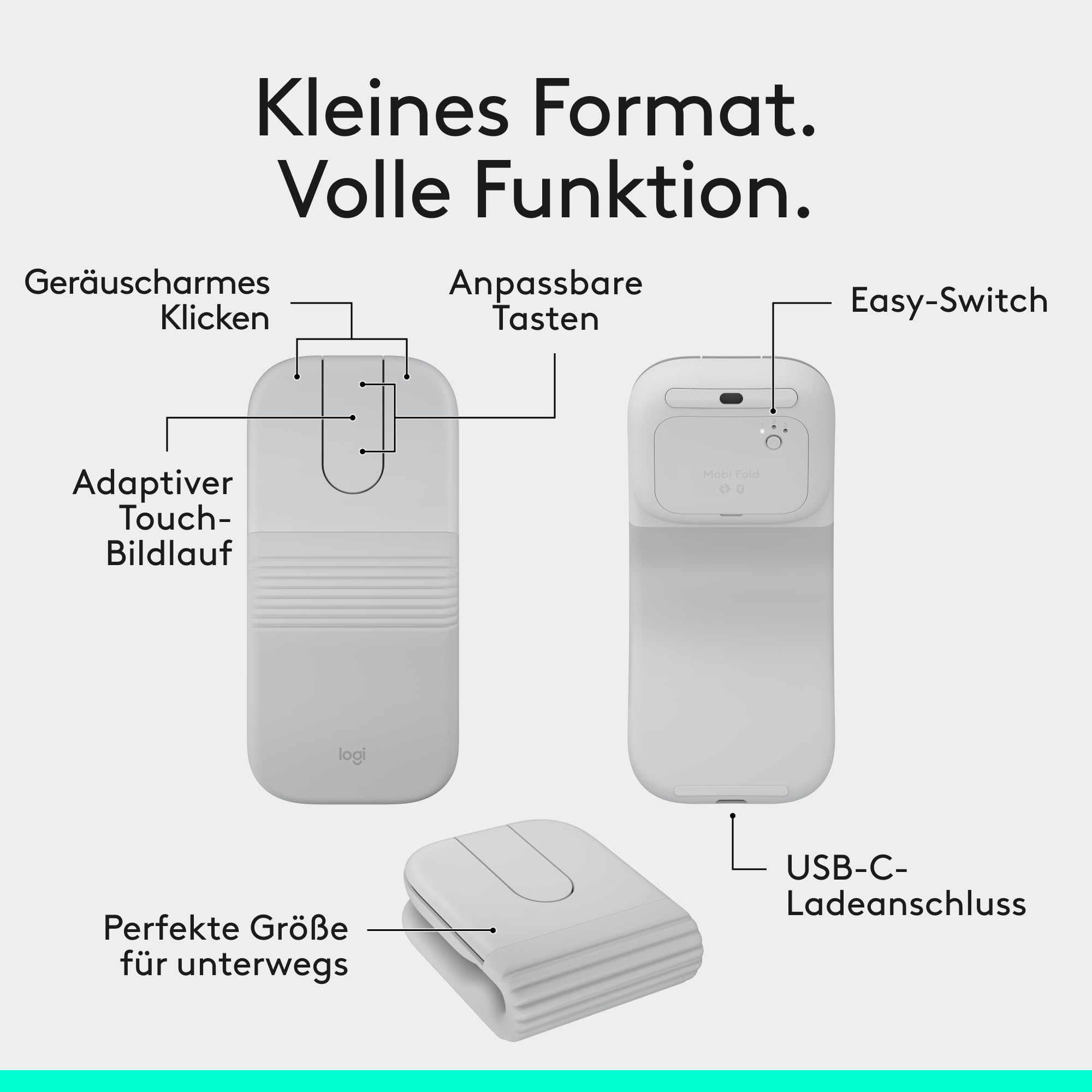 Logitech Mobi Fold, ultramobile Maus für unterwegs, klein und leicht, Touch-Scroll, leise Klicks, 4K DPI, Bluetooth, für Windows-PC, Mac, Chromebook, Android, iPad - Weiß