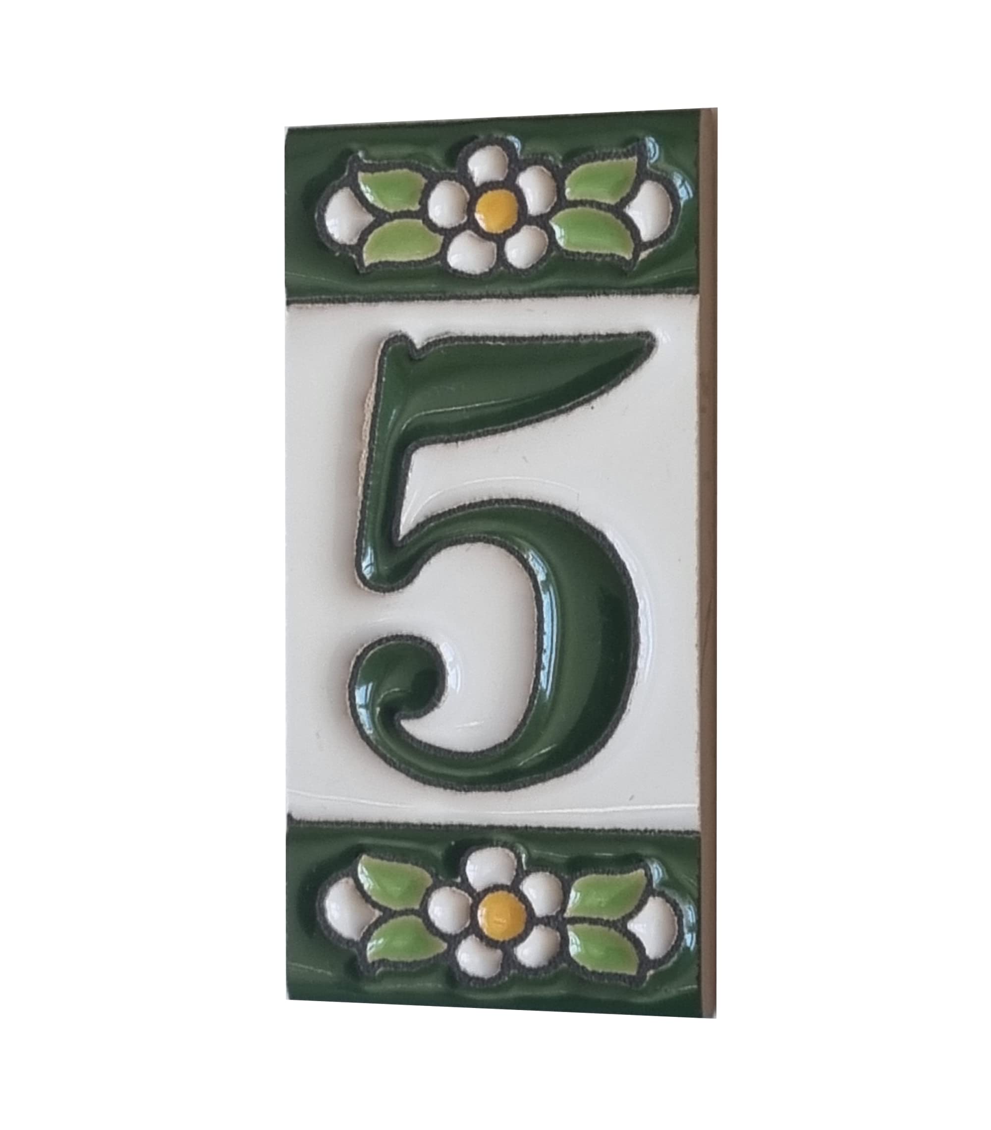 Ceramic House Tile Numbers & Letters, Green Floral Design, Tile Size: 7.5cm x 3.5cm, 2 to 10 Tile Frames (5)