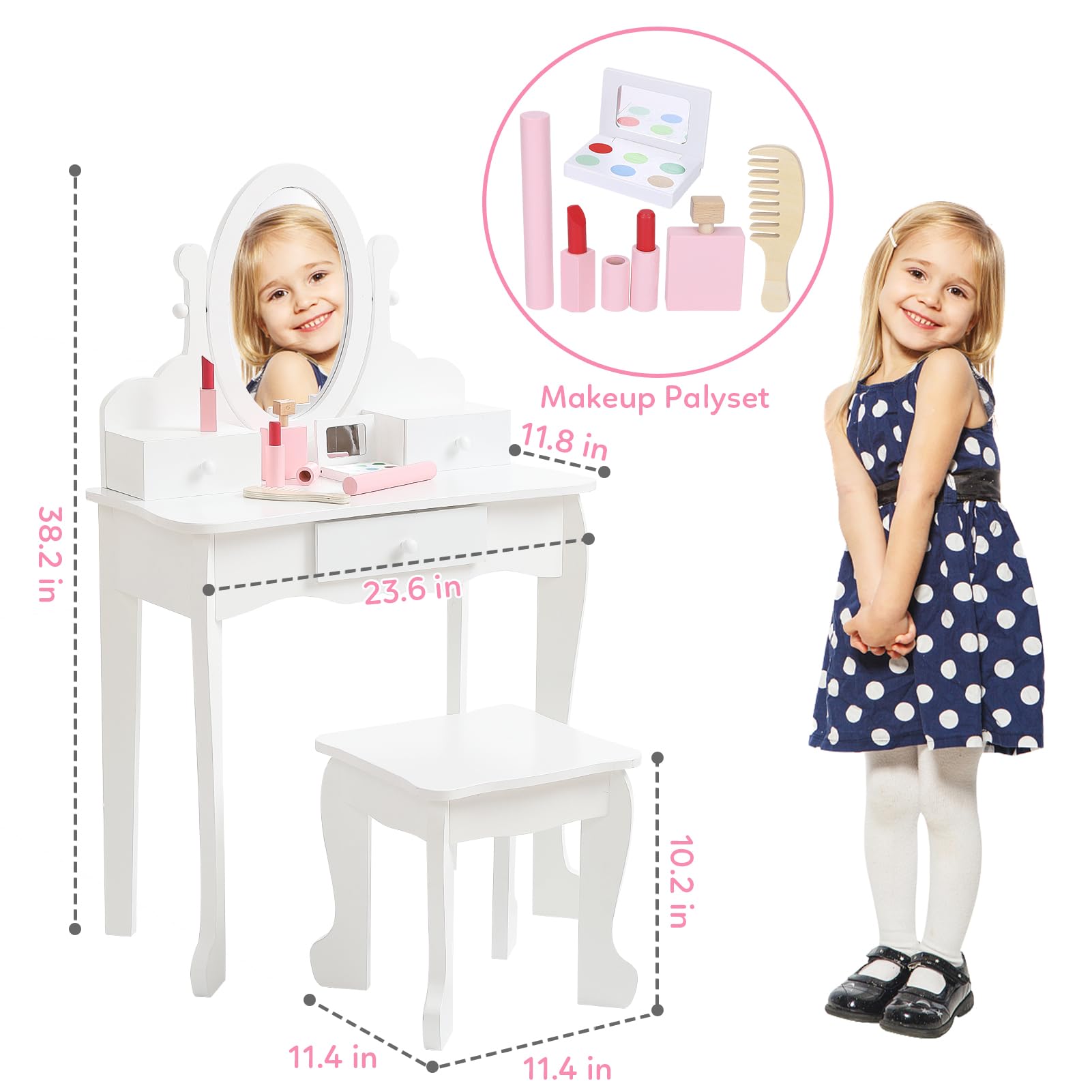 Coiffeuse avec Miroir et Tabouret Enfant, Table de Maquillage Princesse pour Filles de 4 à 9 Ans, Coiffeuse Bureau 2 en 1, Cadeau pour Petites Filles, Blanc