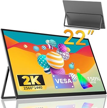 EVICIV EV2201 Mobile Monitor, 22-Inch, 2K Large Screen, QLED Mobile Display, Standing Included, Portable Monitor, Non-Glossy, 150% sRGB IPS, LCD Panel, Wall Mounted, VESA Compatible, HDR, Portable, Sub-Monitor, Speaker, Built-In Type/C/MINI HDMI Devices, PS/XBOX/Switch/PC/Mac