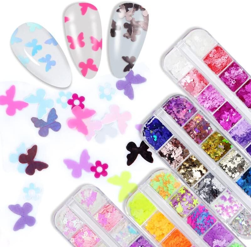 4Pcs 5MM Holographic Butterfly Flowers Glitter Nail Sequins Set for Manicure Design Mixed Style Flake Nails Accessories RK390098 - (Color: ZXBF-4PCS)