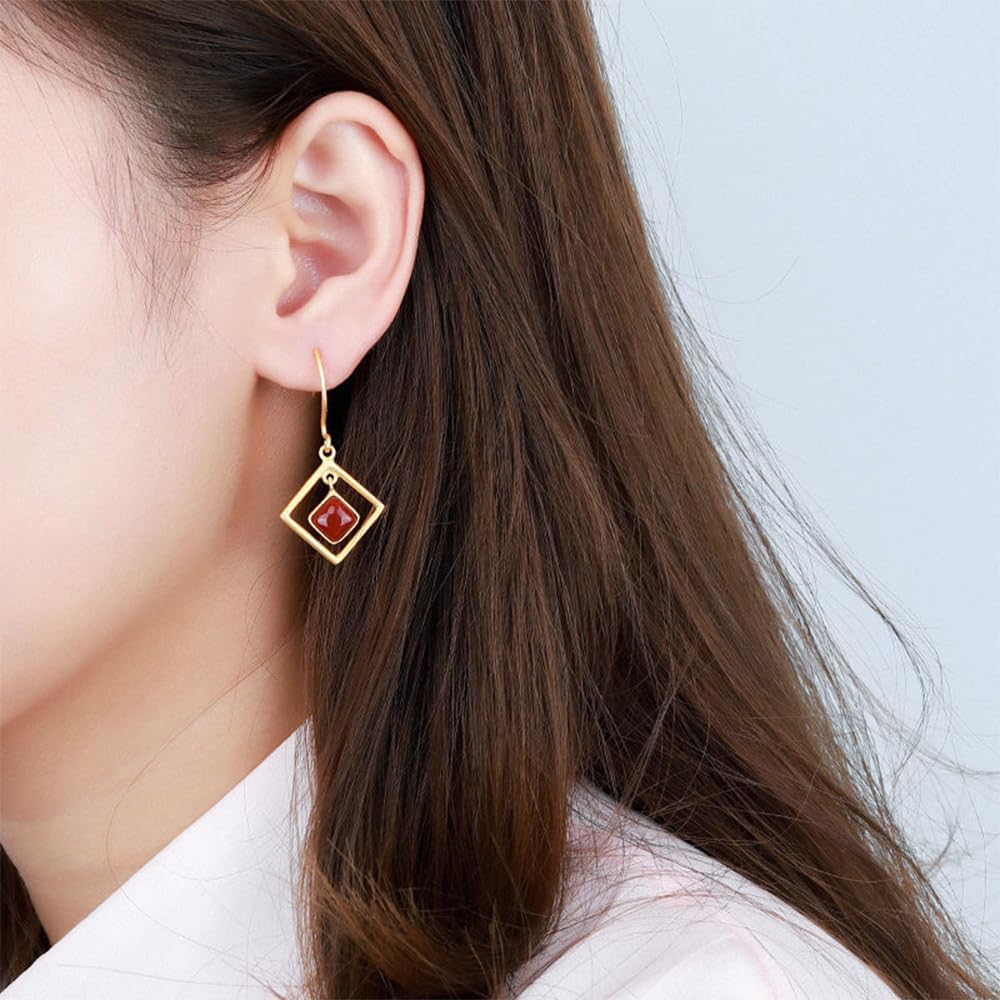 S925 Silver Gold-Plated with Natural Southern Red Agate Diamond Earrings1 Jade for Women Yoga Genuine