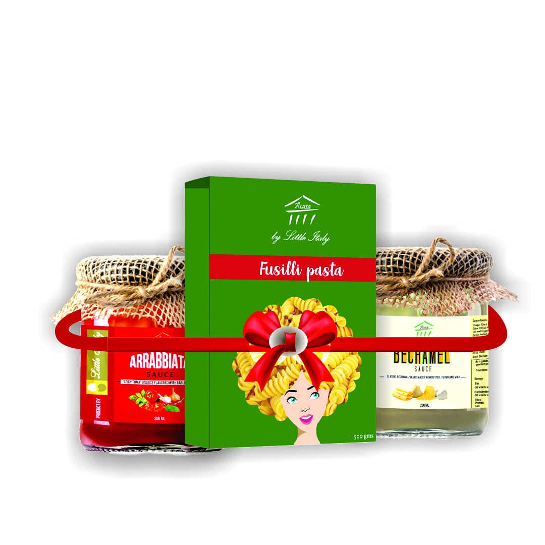 Acasa Fusilli Pasta and Arrabbiata sauce 300ml, Bechamel Sauce 300ml By Little Italy pack of 3