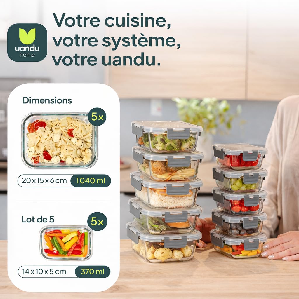 Uandu Lot de 10 Boîtes Alimentaires en Verre Hermétiques avec Couvercle, Verre Borosilicate, Idéal pour les Repas et le Meal Prep, Sans BPA, Compatible Micro-ondes, Four, Congélateur et Lave-vaisselle