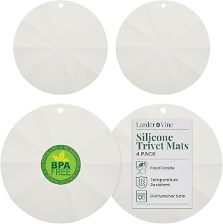 Larder & Vine Silicone Trivets for Hot Pots and Pans | Set of 4 Round Hot Pads for Kitchen | 7” & 9” Trivets for Hot Dishes | Heat-Resistant Silicone Mats for Kitchen Counter | French Gray