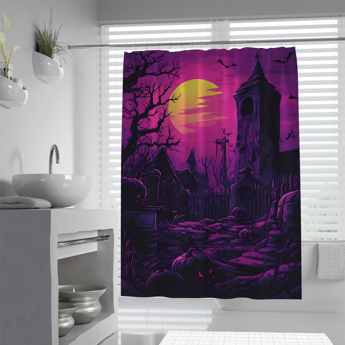 Gothic Castle Duschvorhang Purple Graveyard Yellow Moon Deko 200x220cm
