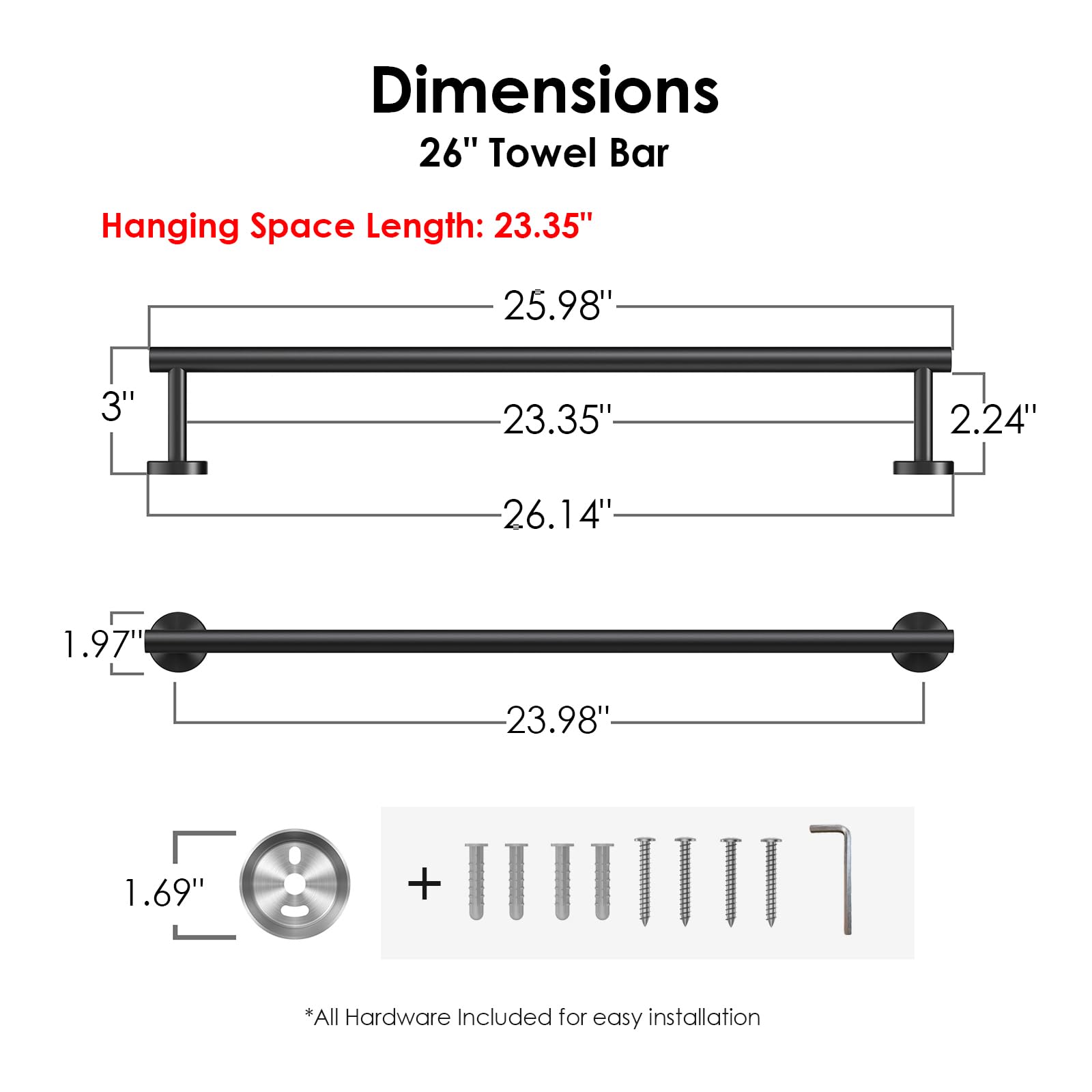 FORIOUS Towel Bar Wall Mounted, Stainless Steel Towel Racks for Bathroom, Includes Wall Mounting Hardware (Matte Black, 26 Inch)