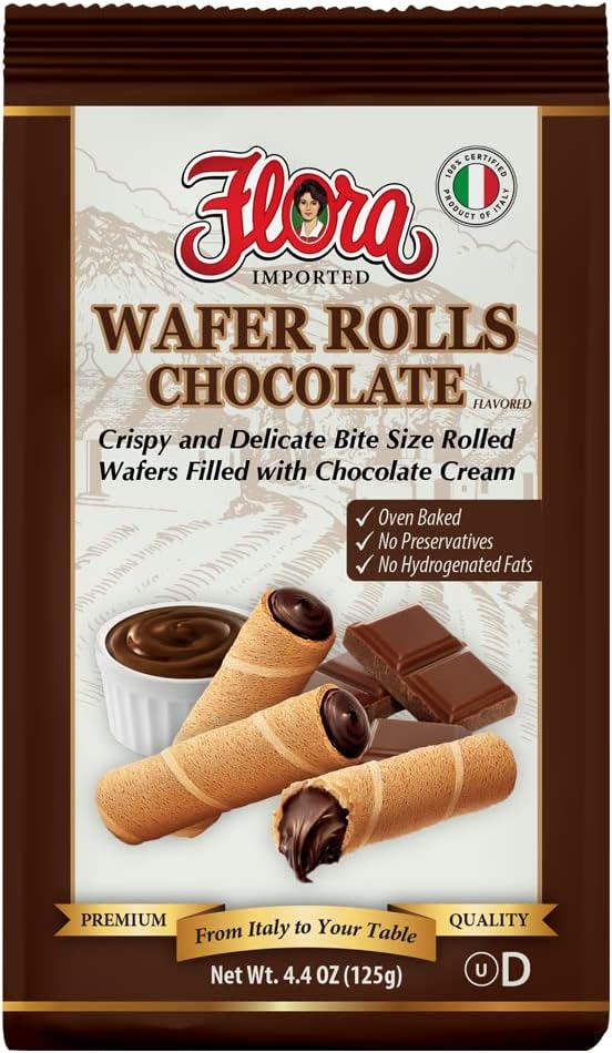 Flora Wafer Rolls Chocolate – Light & Crispy Rolled Wafers with Chocolate Cream – Italian Oven Baked Snack – 4.4 oz (125g)