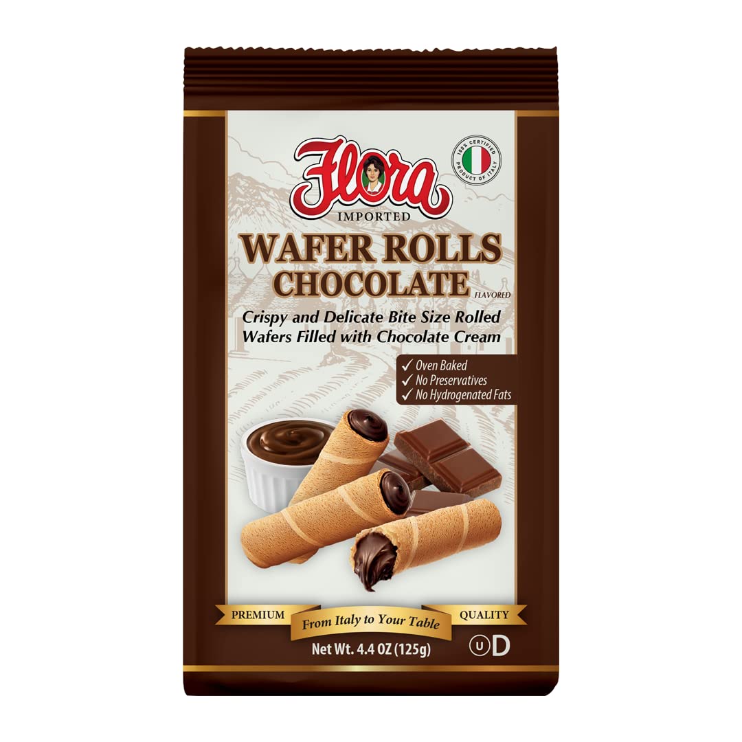 Flora Wafer Rolls Chocolate – Light & Crispy Rolled Wafers with Chocolate Cream – Italian Oven Baked Snack – 4.4 oz (125g)