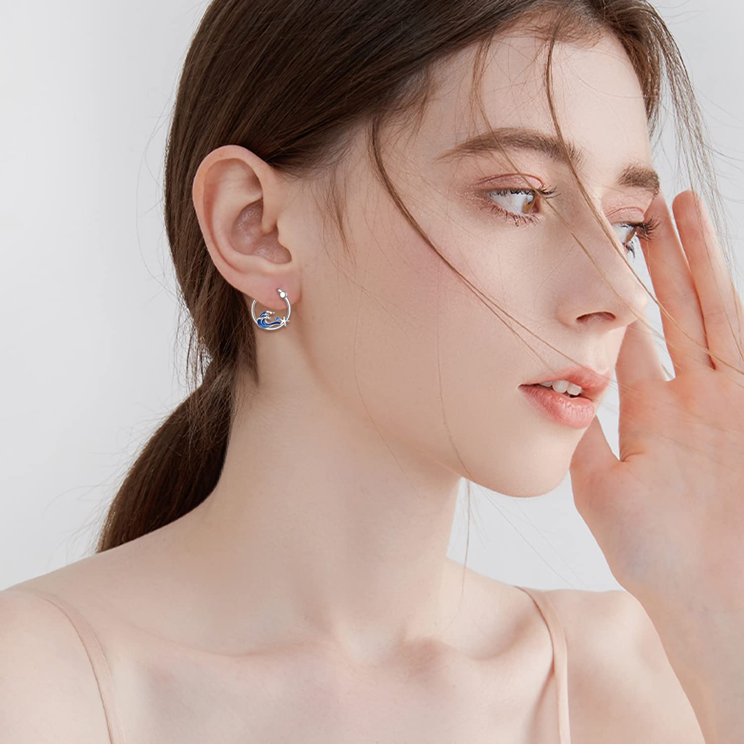 YFN Pendientes de estrella de mar de playa para mujer, plata de ley, océano, ola, aro, pendientes