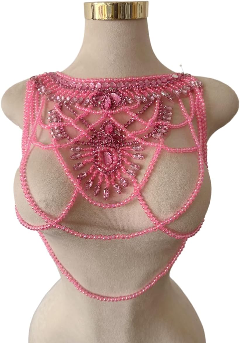 Beaded Rhinestones Applique Embellishment for Clothes Chest Patches Sew-on Diamond Sequin Tassel Decoration Applique for Wedding Dress DIY Accessories (Pink)