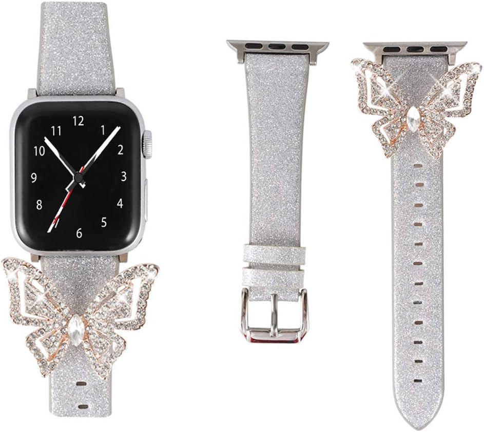 Universal Bow Strap for 2019 Apple Watch Series 5/4/3/2/1 Sport Edition, 40 / 44Mm Deluxe Leather Women with Flash Sequin Bracelet Iwatch Replacement Bracelet