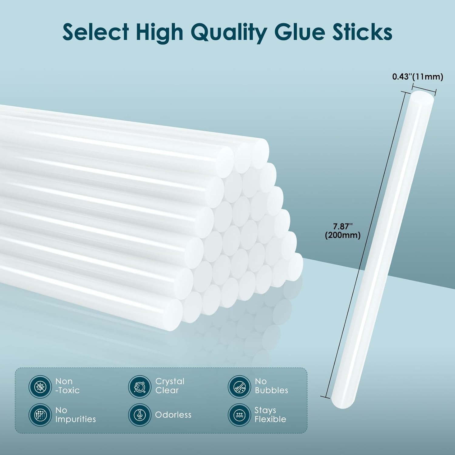 A stack of white glue sticks, 0.43 inches (11mm) in diameter and 7.87 inches (200mm) long, with icons indicating they are non-toxic, crystal clear, odorless, have no impurities, no bubbles, and stay flexible.