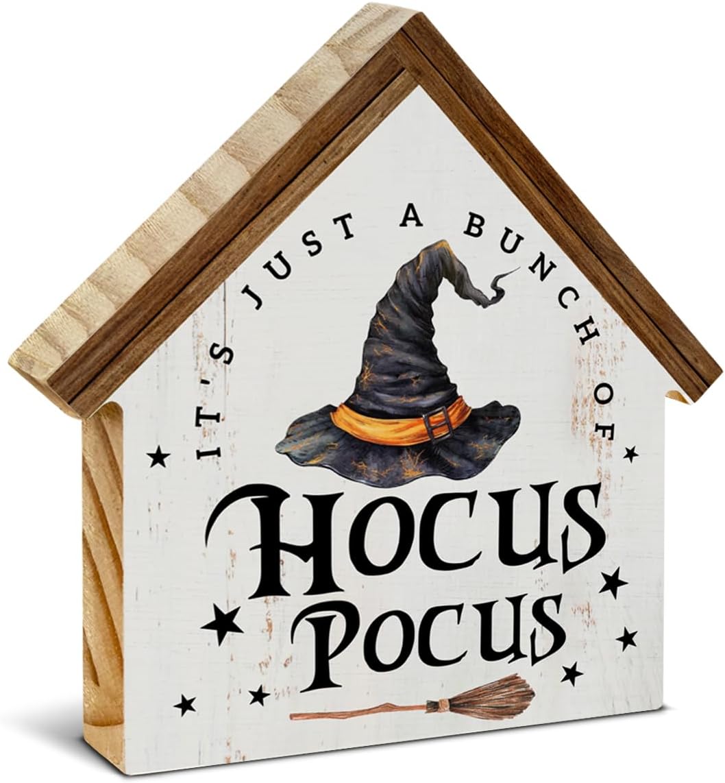 Halloween Decor, Witch Hat House Shaped Wood Block Sign