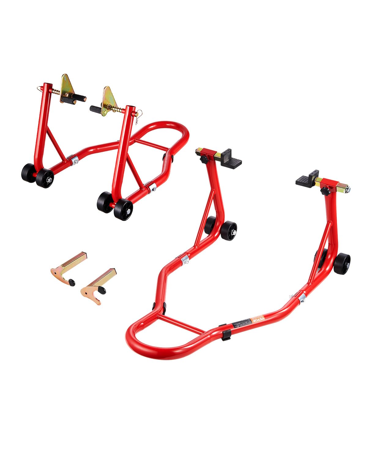 VEVOR Motorcycle Stand Lift, 850lbs Capacity Front Rear Combo Stand Lift, Front Wheel Dual-Fork Stand, Rear U+L Fork Swingarm Spool Stand, for Most Yamaha Honda Kawasaki Suzuki Motorcycles, Red