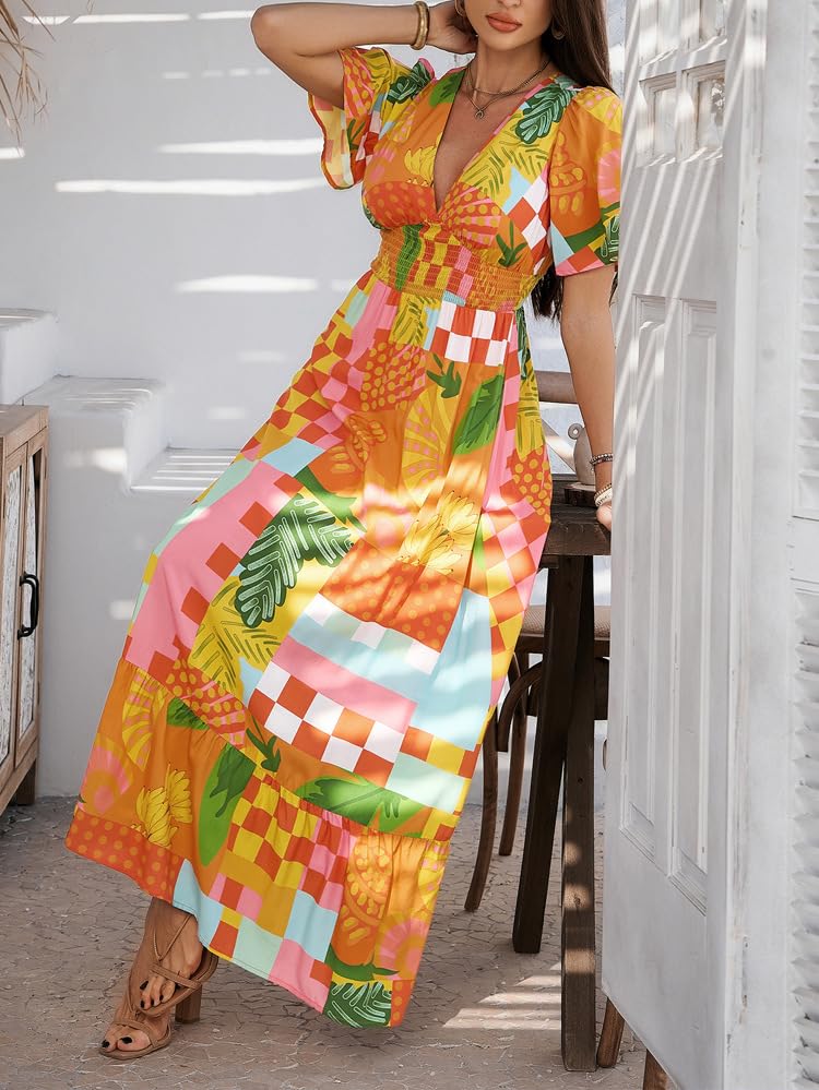 Image of Boho Floral Maxi Dress for Women 2026 Empire Waist Short Sleeve Dresses Summer Beach Vacation Wedding Guest Outfit