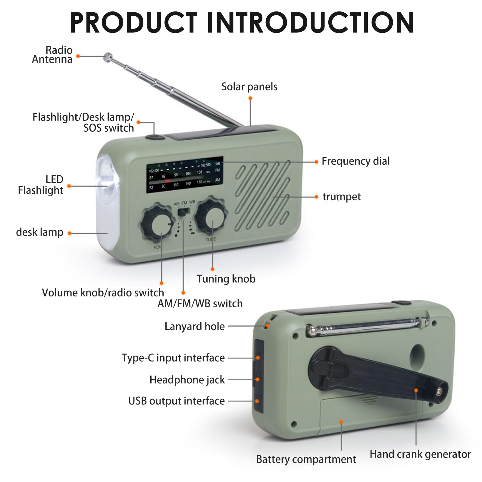 Radio de Emergencia Portátil, FM/Am Emergency Radio con Solar Recargable Radios de Dinamo con Manivela, SOS Allarme, Powerbank, Radios Solare Kit di Emergenza Dinamo per Campeggio, Ourdoor