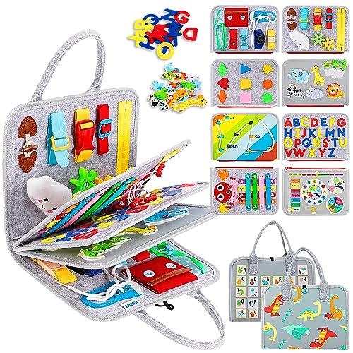 Image of Esjay Toddler Busy Board Montessori Toys, Sensory Board Educational Activities for Learning Fine Motor Skills, Gifts for Girls Boys Toddlers, Travel Toys for Airplane Car,Grey Dinosaur