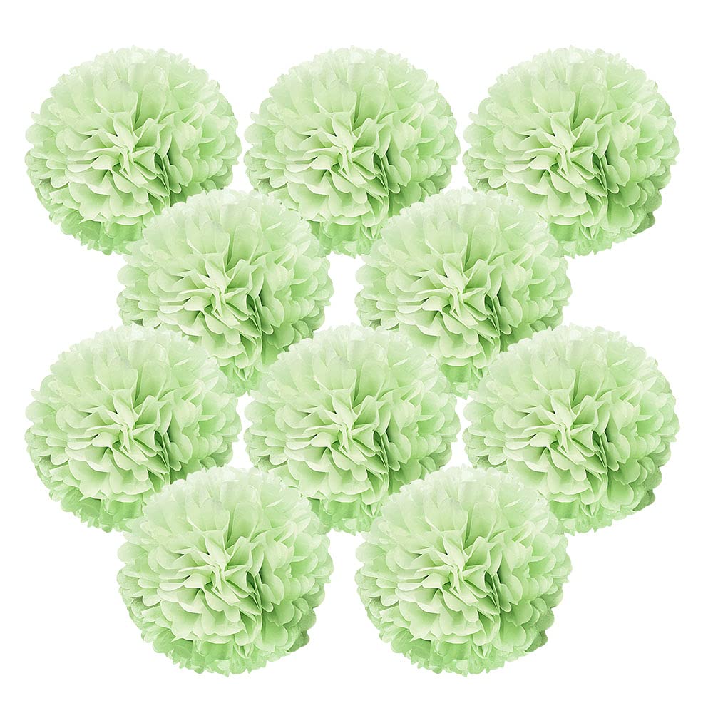 WIRESTER 10 Pcs Flower Pom Poms 15 inch Tissue Paper Decorations for Wedding, Party, Birthday, Baby Shower - Light Green