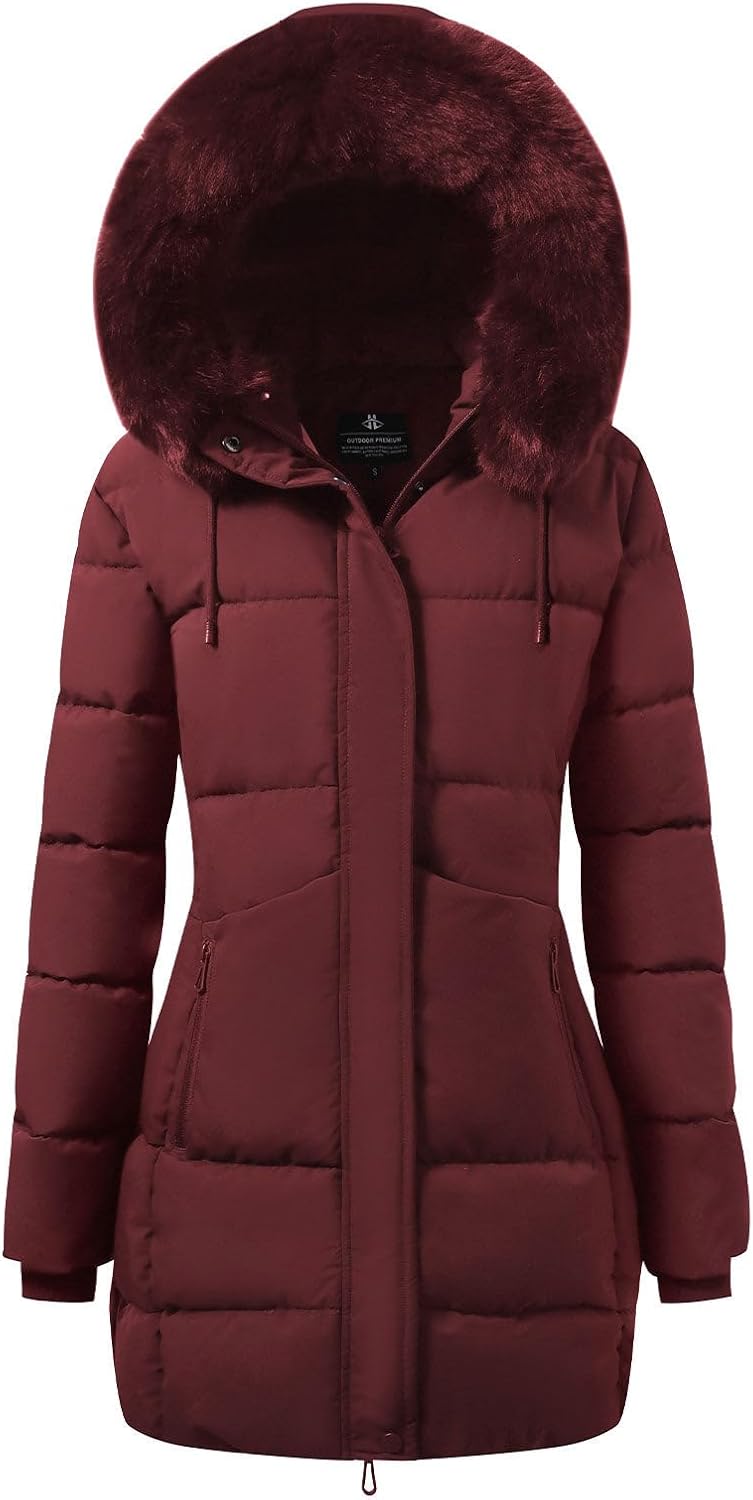 ASPO Women's Winter Warm Coats Waterproof Thick Fleece Lined Down Puffer Jacket 5 Pockets Long Parka Faux Fur Detachable Hood