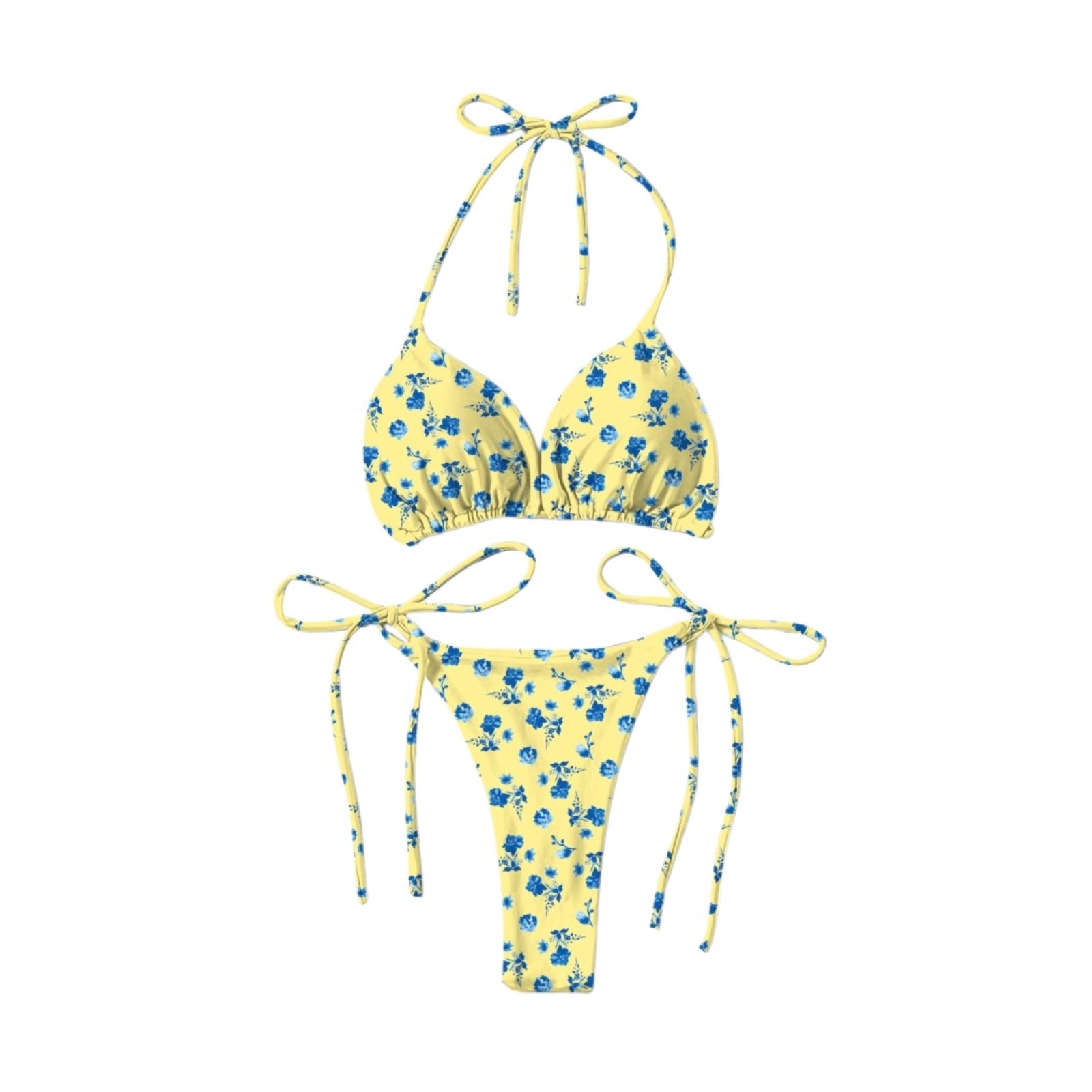 Bikini Mujer Mujeres Floral Corbata Lateral Set Halter Dos Piezas Traje De Baño-Yellow-s