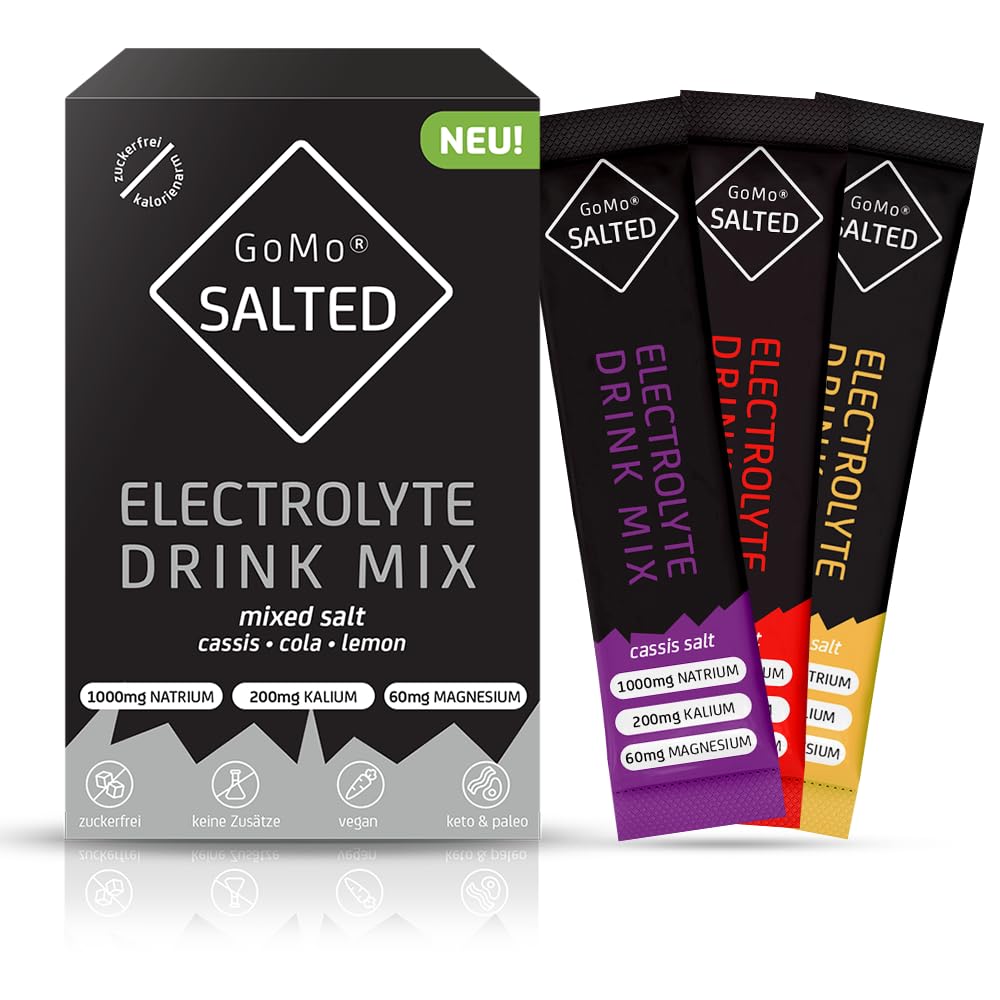 GoMo SALTED Hydration Aid | Electrolytes sans sucre | Amélioration de l'absorption de l'eau & hydratation rapide | 30 portions de poudre d'électrolytes avec du sel des Alpes suisses | Goût mixte