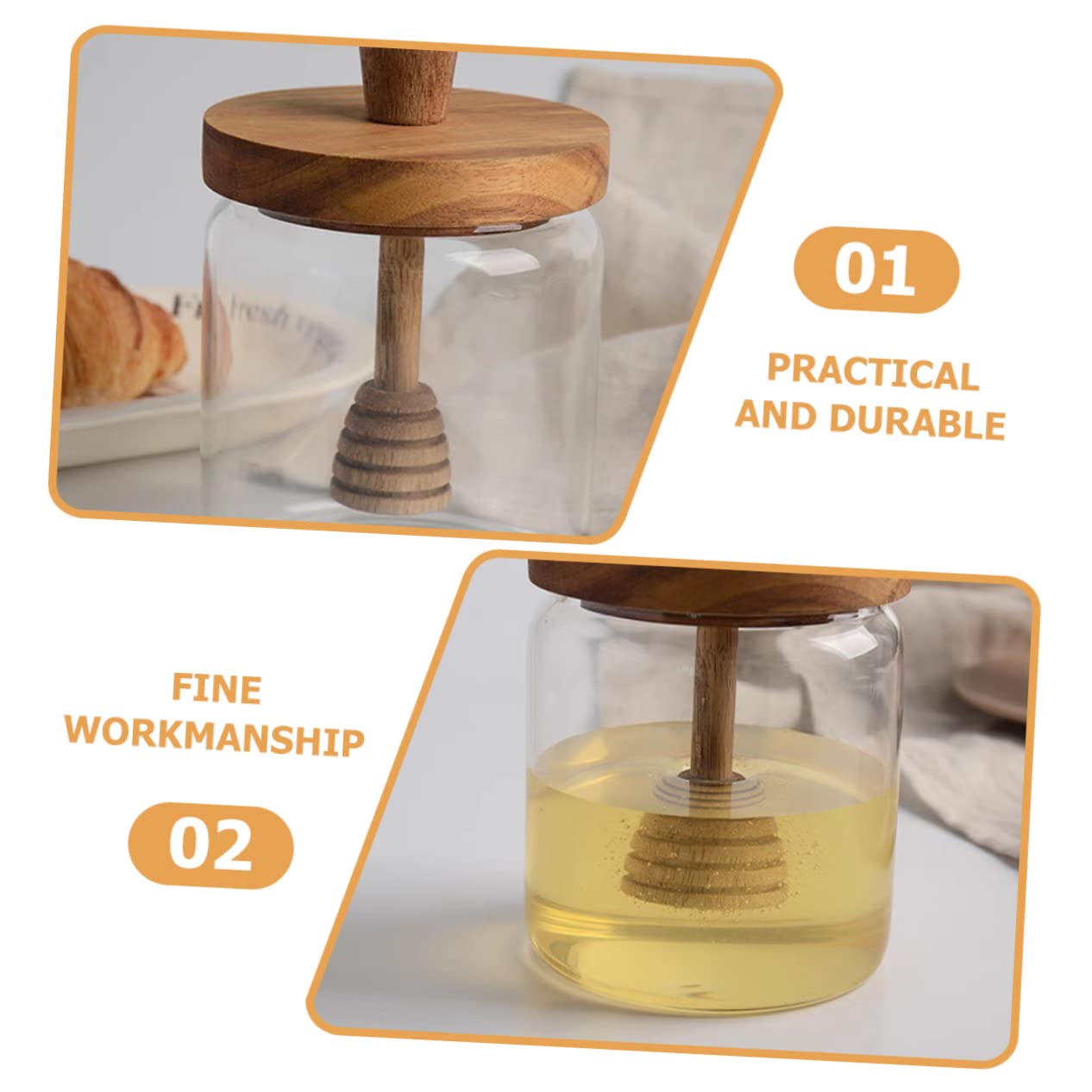 OFFSCH Glass Honey Pot with Wooden Dipper and Lid Sealed Honey Container for Home Kitchen Honey Storage Jar for Preserving Honey and Jam