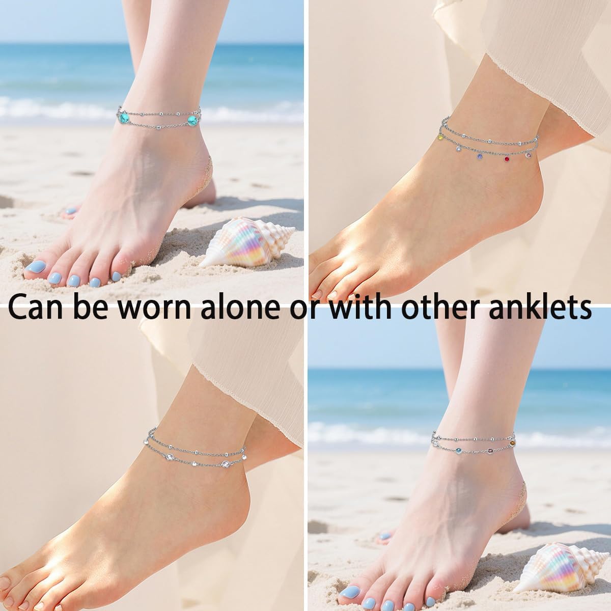 AOBOCO Sterling Silver Rainbow Planet Galaxy Anklet, Multicolor Crystals from Austria, Ankle Bracelet Foot Bracelet for Women Anniversary Birthday Sister Wife Jewelry Gifts