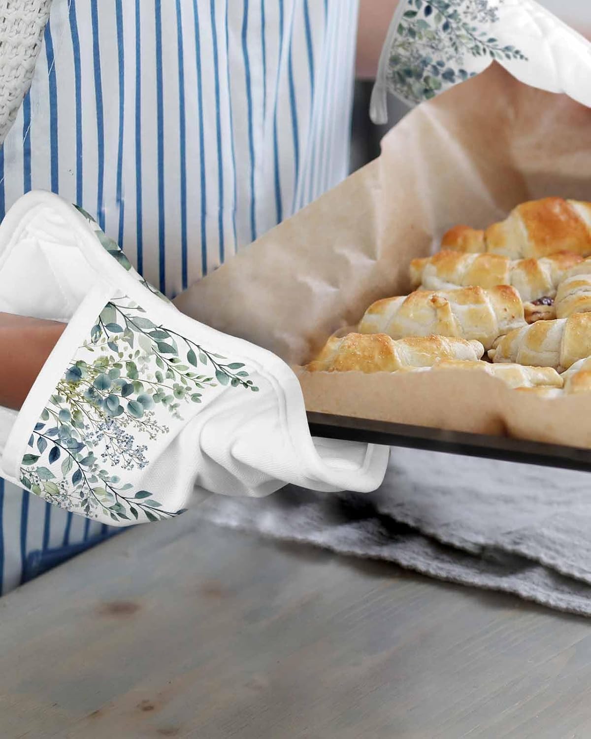 5 Pack Pot Holder with Pocket, Spring Eucalyptus Leaf Green Watercolor Kitchen Potholders Heat Proof Non Slip Pot Holders Sets, Fallen Leaves on White Hot Pads Potholder for Cooking Baking BBQ