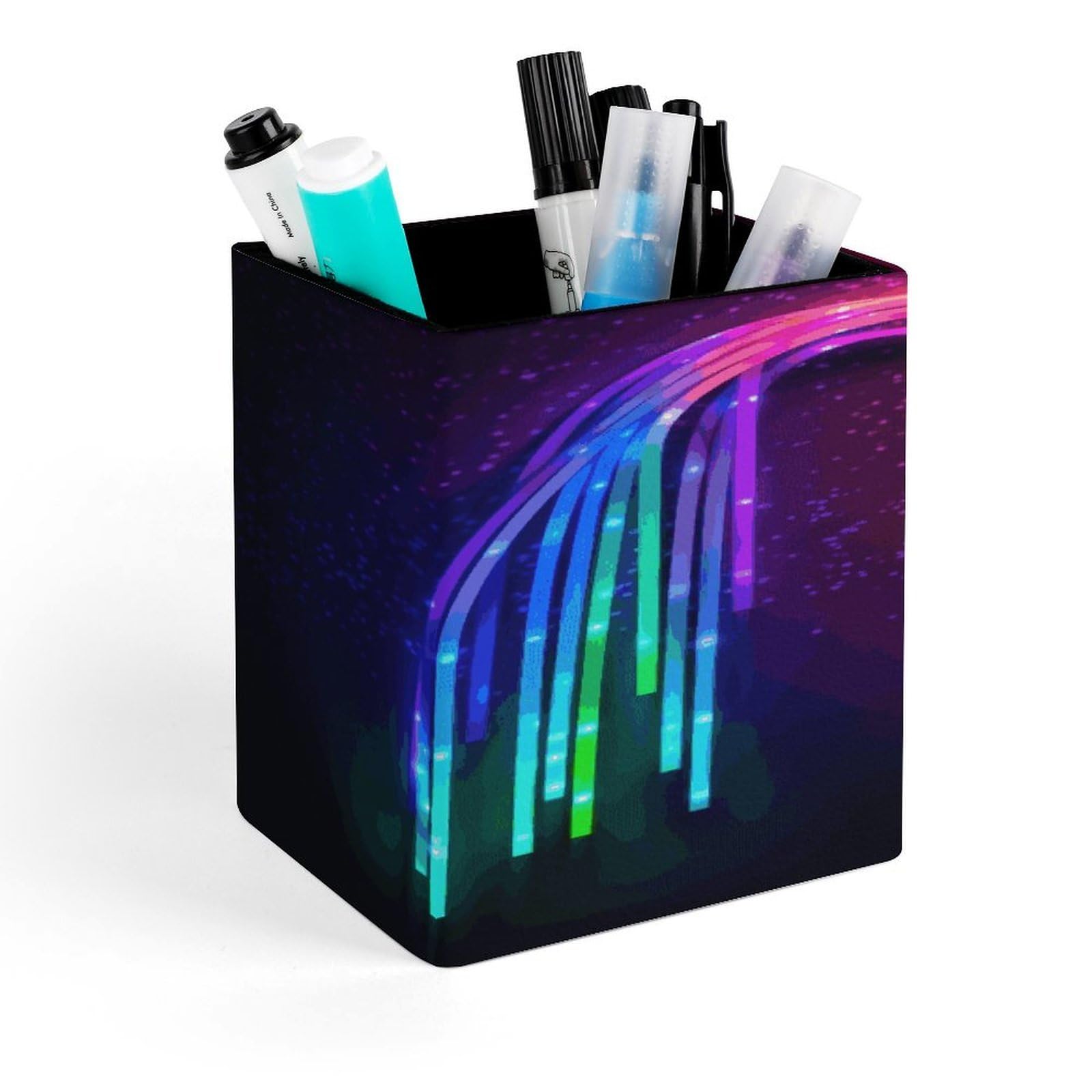 JTREHY - Rainbow Neon Pen Holder, Square Makeup Pencil Holder, PU Leather Coaster, Stationery Organizer, Office Accessories, Box for