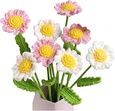 8 Pcs Hand Made Knitted Fake Sunflower Daisy Artificial Flowers | for Decoration Crochet Flowers,Flocked Daisy Flower Bundle Fake Plants Wedding Centerpieces Decorations for Bedroom