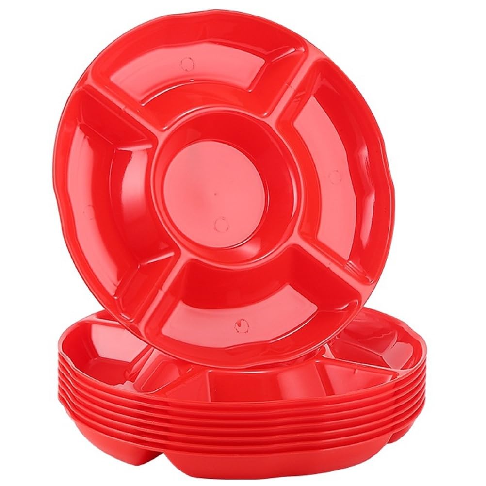 Paquete de 10 bandejas de plástico rojo con divisores, perfectas para frutos secos, frutas, salsas y salsas, ideal para fiestas, eventos y necesidades de catering