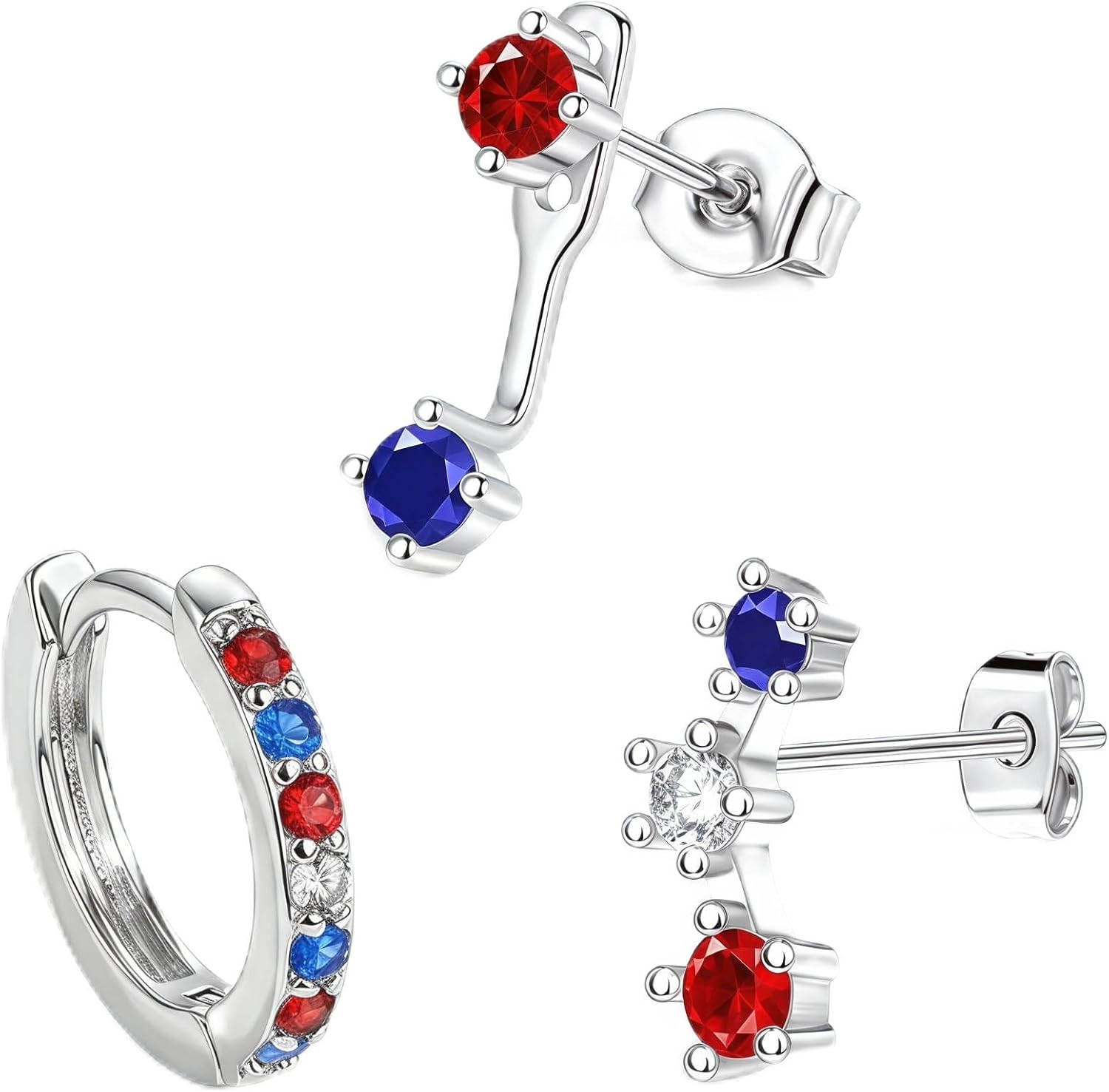 3 Pcs Dainty Small Earrings for Women Trendy, Patriotic Red White Blue Stud Huggie Hoop Ear Jacket Stack for Cartilage Helix, Cute Accessories for 4th of July and Game Day